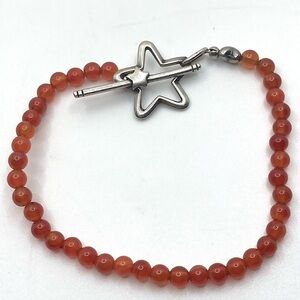 Sterling Star Shaped Toggle Clasp Round Carnelian Stone Bead  Bracelet 8”